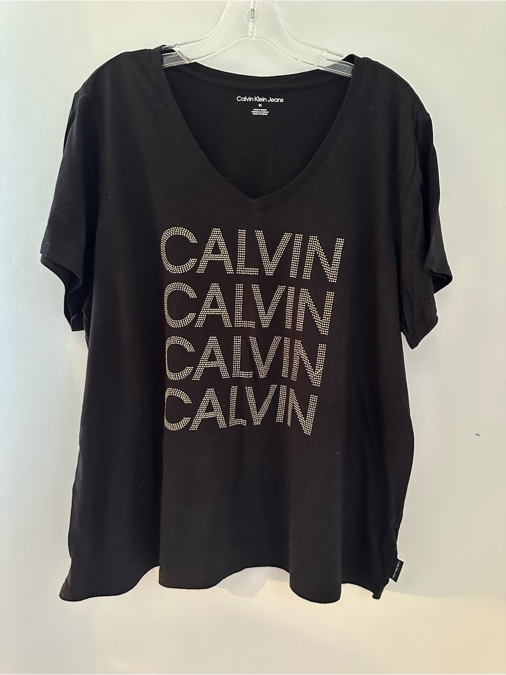 Calvin Klein Jeans Black Studded 'CALVIN' V-Neck Tee